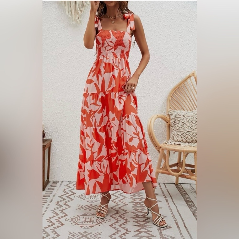 Orange Floral Smocked Tie-Shoulder Tiered Maxi Dress Size M A-Line Boho Summer